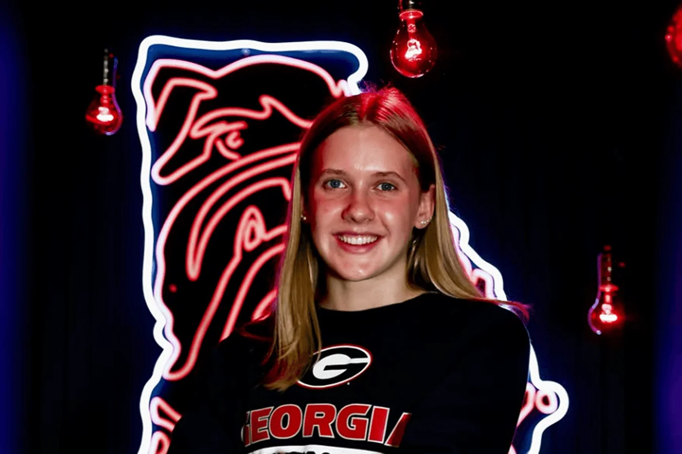 Clara Seemann in a Georgia shirt in front of a Bulldogs sign